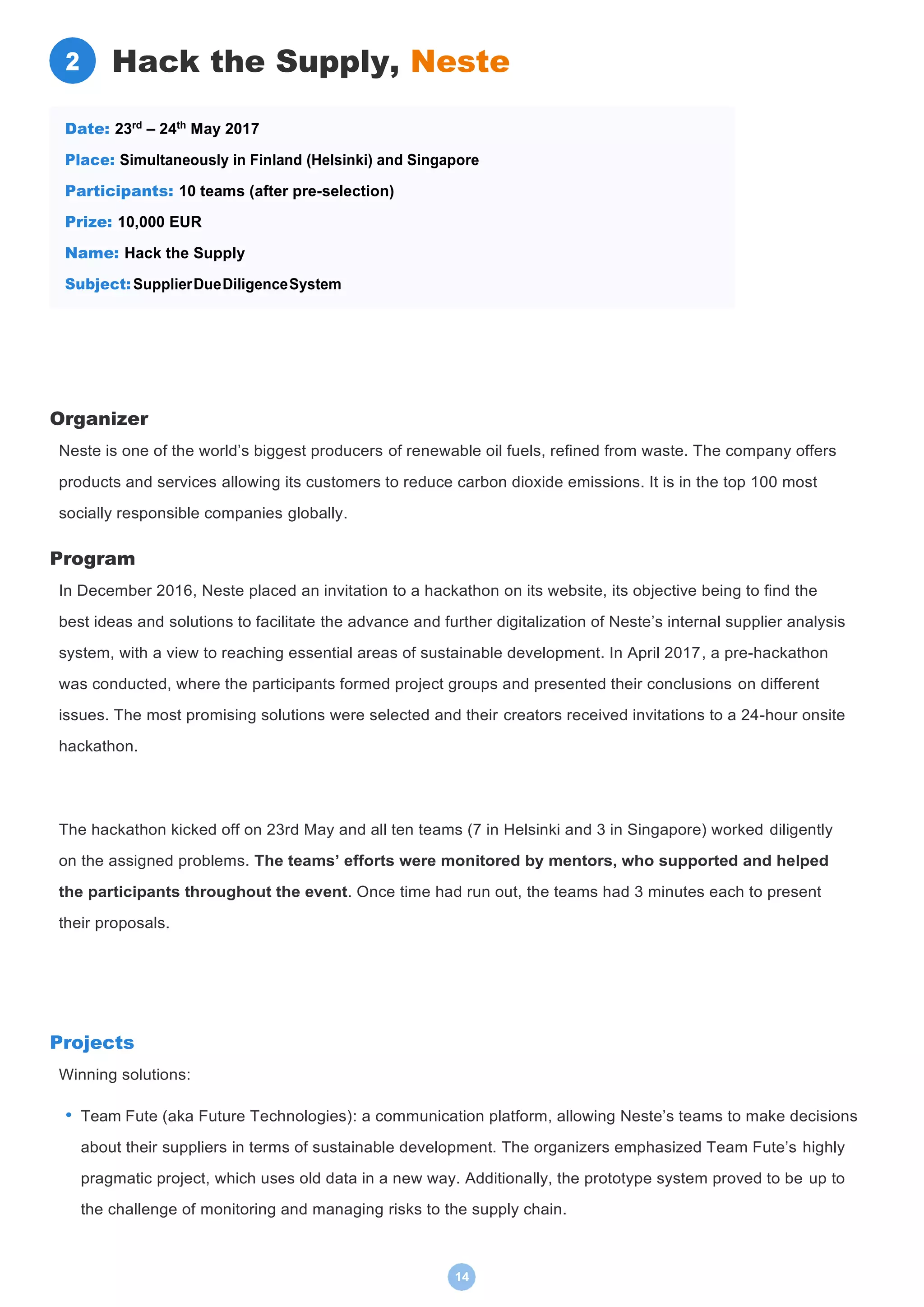 14
Hack the Supply, Neste
Organizer
Neste is one of the world’s biggest producers of renewable oil fuels, refined from waste. The company offers
products and services allowing its customers to reduce carbon dioxide emissions. It is in the top 100 most
socially responsible companies globally.
Program
In December 2016, Neste placed an invitation to a hackathon on its website, its objective being to find the
best ideas and solutions to facilitate the advance and further digitalization of Neste’s internal supplier analysis
system, with a view to reaching essential areas of sustainable development. In April 2017, a pre-hackathon
was conducted, where the participants formed project groups and presented their conclusions on different
issues. The most promising solutions were selected and their creators received invitations to a 24-hour onsite
hackathon.
The hackathon kicked off on 23rd May and all ten teams (7 in Helsinki and 3 in Singapore) worked diligently
on the assigned problems. The teams’ efforts were monitored by mentors, who supported and helped
the participants throughout the event. Once time had run out, the teams had 3 minutes each to present
their proposals.
Projects
Winning solutions:
• Team Fute (aka Future Technologies): a communication platform, allowing Neste’s teams to make decisions
about their suppliers in terms of sustainable development. The organizers emphasized Team Fute’s highly
pragmatic project, which uses old data in a new way. Additionally, the prototype system proved to be up to
the challenge of monitoring and managing risks to the supply chain.
Date: 23rd
– 24th
May 2017
Place: Simultaneously in Finland (Helsinki) and Singapore
Participants: 10 teams (after pre-selection)
Prize: 10,000 EUR
Name: Hack the Supply
Subject:SupplierDueDiligenceSystem
2
 