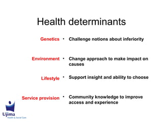 Health determinants
Genetics
Environment
Lifestyle
Service provision
• Challenge notions about inferiority
• Change approach to make impact on
causes
• Support insight and ability to choose
• Community knowledge to improve
access and experience
 