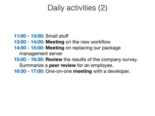 11:00 - 13:00: Small stuﬀ	

13:00 - 14:00: Meeting on the new workﬂow

14:00 - 15:00: Meeting on replacing our package
management server

15:00 - 16:30: Review the results of the company survey.
Summarize a peer review for an employee.

16:30 - 17:00: One-on-one meeting with a developer.
Daily activities (2)
 