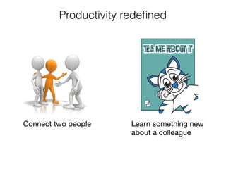 Productivity redeﬁned
Connect two people Learn something new 

about a colleague
 