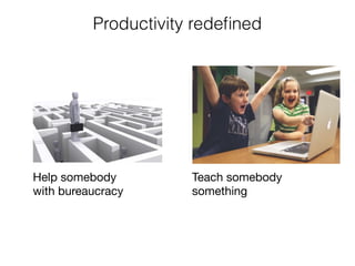 Productivity redeﬁned
Help somebody

with bureaucracy
Teach somebody

something
 