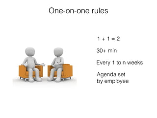 One-on-one rules
1 + 1 = 2
30+ min
Every 1 to n weeks
Agenda set
by employee
 