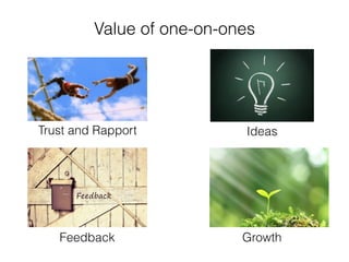 Value of one-on-ones
Trust and Rapport
Feedback
Ideas
Growth
 