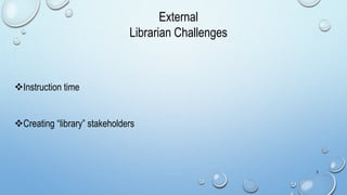 3
Instruction time
Creating “library” stakeholders
External
Librarian Challenges