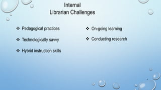  Pedagogical practices
Technologically savvy
Hybrid instruction skills
4
Internal
Librarian Challenges
On-going learning
Conducting research