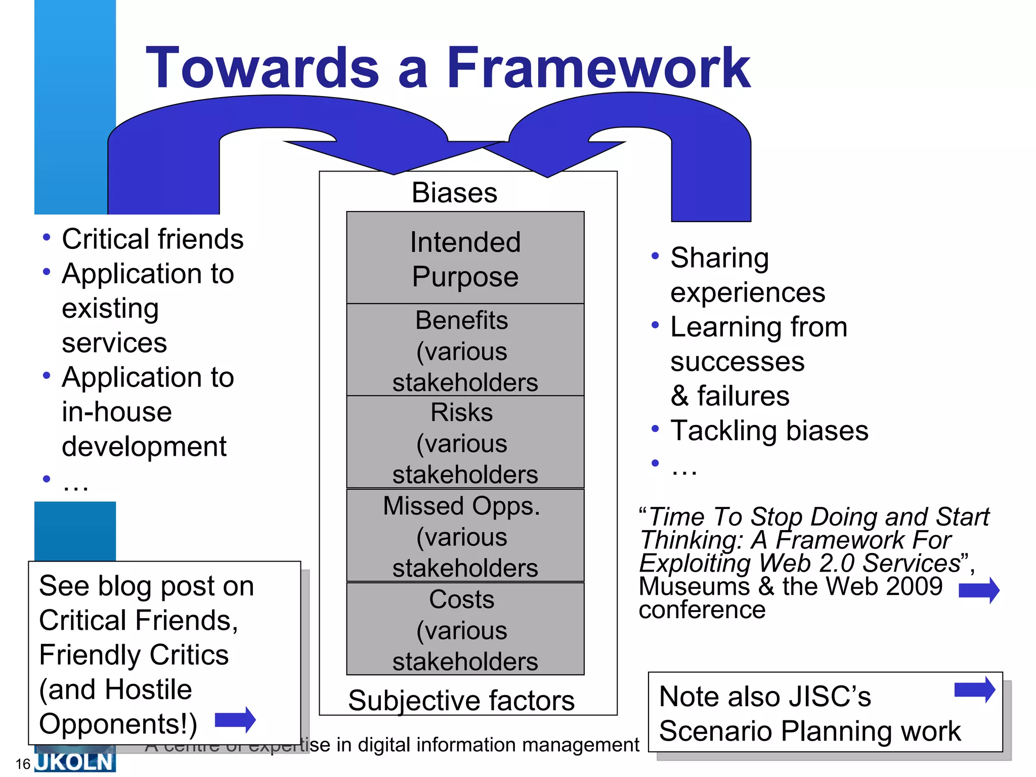 Towards a Framework

                                           Biases
     • Critical friends                    Intended                     • Sharing
     • Application to                      Purpose
                                                                          experiences
       existing                           Benefits                      • Learning from
       services                           (various                        successes
     • Application to                   stakeholders
                                                                          & failures
       in-house                             Risks
                                          (various
                                                                        • Tackling biases
       development
                                        stakeholders                    •…
     •…
                                        Missed Opps.                “Time To Stop Doing and Start
                                          (various                  Thinking: A Framework For
                                        stakeholders                Exploiting Web 2.0 Services”,
     See blog post on                      Costs
                                                                    Museums & the Web 2009
     Critical Friends,                                              conference
                                          (various
     Friendly Critics                   stakeholders
     (and Hostile                   Subjective factors                  Note also JISC’s
     Opponents!)                                                        Scenario Planning work
              A centre of expertise in digital information management
16
 