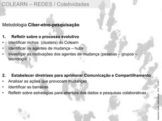 Metodologia Ciber-etno-pesquisação
1. Refletir sobre o processo evolutivo
• Identificar nichos (clusters) do Colearn
• Identificar os agentes de mudança – hubs
• Investigar as motivações dos agentes de mudança (pessoas – grupos –
tecnologia )
2. Estabelecer diretrizes para aprimorar Comunicação e Compartilhamento
• Analisar as ações que provocam mudanças
• Identificar as barreiras
• Refletir sobre estratégias para abertura dos dados e pesquisas colaborativas
COLEARN – REDES / Coletividades
AlexandraOkada.IzabelMeister2012IIEIRET
 