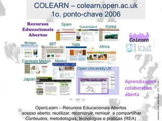AlexandraOkada.IzabelMeister2012IIEIRET
OpenLearn – Recursos Educacionais Abertos
acesso aberto: reutilizar, reconstruir, remixar e compartilhar
Conteudos, metodologias, tecnologias e praticas (REA)
COLEARN – colearn.open.ac.uk
1o. ponto-chave 2006
Aprendizagem
colaborativa
aberta
 