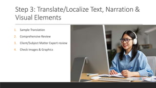 Step 3: Translate/Localize Text, Narration &
Visual Elements
1. Sample Translation
2. Comprehensive Review
3. Client/Subje...