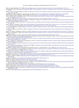 Kiesler, S., Siegel, J., & McGuire, T. W. (1984). Social psychological aspects of computer-mediated communication. American Psychologist, 39, 1124–1134.
Marchington, M. (2015). Human Resources Management(HRM): Too busy looking up to see where it is going Longer term? Human Resource Management Review, 25,
176–187.
Miller, J. S., Hom, P. W., & Gomez-Mejia, L. R. (2001). The high cost of low wages: Does maquiladora compensation reduce turnover? Journal of International Business
Studies, 32(3), 585–595.
Oxford Dictionary (2014a). Definitions. Retrieved august 24, 2014 from http://www.oxforddictionaries.com/definition/english/service-economyOxford
Oxford Dictionary (2014b). Definitions. Retrieved August 28, 2014 from http://www.oxforddictionaries.com/definition/english/globalization
Parry, E., Stavrou-Costea, E., & Morley, M. J. (2011). The Cranet international research network on human resource management in retrospect and prospect. Human
Resource Management Review, 21(1), 1–4.
Phinney, J. S. (1996). When we talk about American ethnic groups, what do we mean? American Psychologist, 51(9), 919–927.
Roehling, M. V., Boswell, W. R., Caligiuri, P., Feldman, D., Graham, M. E., Guthrie, J. P., et al. (2005). The future of HR management: Research needs and directions.
Human Resource Management, 44(2), 207–216.
Ryan, A. M., & Wessel, J. (2015). Implications of a changing workforce and workplace for justice perceptions and expectations. Human Resource Management Review,
25(2), 162–175.
Salas, E., DeRouin, R., & Littrell, L. (2005). Research-based guidelines for designing distance learning: What we know so far. In H. G. Gueutal, & D. L. Stone (Eds.),
The brave new world of eHR: Human resources management in the digital age (pp. 104–137). San Francisco: Jossey Bass.
Sama, L. M., & Papamarcos, S. D. (2000). Hofstede's IC dimension as predictive of allocative behaviors: A meta-analysis. International Journal of Value-Based Management,
13(2), 173–188.
Schuler, R. S., Dowling, P. J., & De Cieri, H. (1993). An integrative framework of strategic international human resource management. Journal of Management, 19(2),
419–459.
Schuler, R. S., Jackson, S., Jackofsky, E., & Slocum, J. Jr (1996). Managing human resources in Mexico: A cultural understanding. Business Horizons, 55–61 (May-June).
Schuler, R. S., & Rogovsky, N. (1998). Understanding compensation practice variations across firms: The impact of national culture. Journal of International Business
Studies, 159–177.
Shacklock, K., & Brunetto, Y. (2011). A model of older workers' intentions to continue working. Personnel Review, 40(2), 252–274.
SHRM (2002). The future of the HR profession eight leading consulting firms share their visions for the future of human resources. Retrieve February 15, 2013 from
http://www.shrm.org/pressroom/Documents/future_of_hr
Sparrow, P. R. (2007). Globalization of HR at function level: Four UK-based case studies of the international recruitment and selection process. International Journal of
Human Resource Management, 18, 144–166.
Stone, D. L., Deadrick, D. L., Lukaszewski, K. M., & Johnson, R. J. (2015). The influence of technology on the future of human resource management. Human Resource
Management Review, 25(2), 216–231.
Stone, D. L., & Dulebohn, J. H. (2013). Emerging issues in theory and research on electronic human resource management (eHRM). Human Resource Management
Review, 23(1), 1–5.
Stone, D. L., Johnson, R., Stone-Romero, E. F., & Hartman, M. (2006). A comparative study of Hispanic-American and Anglo-American cultural values and job choice
preferences. Management Research, 4, 7–22.
The influence of culture on human resource processes and practices. Stone, D. L., & Stone-Romero, E. F. (Eds.). (2008). New York: Taylor and Francis.
Stone, D. L., Stone-Romero, E. F., & Lukaszewski, K. M. (2007). The impact of cultural values on the acceptance and effectiveness of human resources policies and
practices. Human Resource Management Review, 17, 152–165.
Stone-Romero, E. F., & Stone, D. L. (2002). Cross-cultural differences in responses to feedback: Implications for individual, group, and organizational effectiveness.
Research in Personnel and Human Resources Management, 21, 275–331.
Stone‐Romero, E. F., Stone, D. L., & Salas, E. (2003). The influence of culture on role conceptions and role behavior in organizations. Applied Psychology, 52(3), 328–362.
Strohmeier, S. (2007). Research in e-HRM: Review and implications. Human Resource Management Review, 17, 19–37.
Strohmeier, S., & Kabst, R. (2009). Organizational adoption of e-HRM in Europe: An empirical exploration of major adoption factors. Journal of Managerial Psychology,
24(6), 482–501.
Sullivan, J. (2014, March). A walk through the HR department of 2020. Workforce Solutions Review, 7–9.
Triandis, H. C. (1994). Culture and social behavior. New York: McGraw-Hill.
Trice, H. M., & Beyer, J. M. (1993). The cultures of work organizations. New York: Prentice-Hall, Inc.
Twenge, J. M., Campbell, S. M., Hoffman, B. J., & Lance, C. E. (2010). Generational differences in work values: Leisure and extrinsic values increasing, social and intrinsic
values decreasing. Journal of Management, 36(5), 1117–1142.
U.S. Bureau of Census (2014). Population estimates. Retrieved August 27, 2014 from https://www.census.gov/popest/
Ulrich, D. (2013). Human resource champions: The next agenda for adding value and delivering results. Harvard Business Press.
Ulrich, D., & Dulebohn, J. H. (2015). Are we there yet? What's next for HR? Human Resource Management Review, 25(2), 188–204.
van Knippenberg, D., De Dreu, C. K., & Homan, A. C. (2004). Work group diversity and group performance: An integrative model and research agenda. Journal of Applied
Psychology, 89(6), 1008.
Welch, D. E. (1994). HRM implications of globalization. Journal of General Management, 19(4), 52–68.
145
D.L. Stone, D.L. Deadrick / Human Resource Management Review 25 (2015) 139–145
 