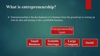 What is entrepreneurship?
 Entrepreneurship is the development of a business from the ground up or coming up
with an idea and turning it into a profitable business.
Entrepreneurship
types
Small
Business
Scalable
Startups
Large
Company
Social
 