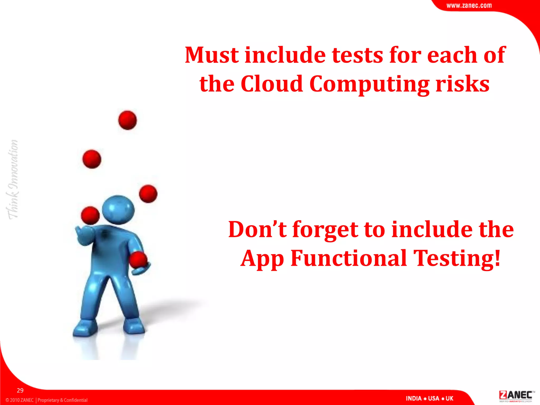 Must include tests for each of
the Cloud Computing risks
29
Don’t forget to include the
App Functional Testing!
 