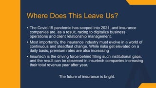 Where Does This Leave Us?​
• The Covid-19 pandemic has seeped into 2021, and insurance
companies are, as a result, racing to digitalize business
operations and client relationship management.​
• Most importantly, the insurance industry must evolve in a world of
continuous and steadfast change. While risks get elevated on a
daily basis, premium rates are also increasing​
• Insurtech is the driving force behind filling such institutional gaps,
and the result can be observed in insurtech companies increasing
their total revenue year after year.
The future of insurance is bright.
 