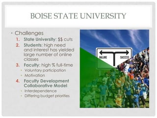 BOISE STATE UNIVERSITY

• Challenges
 1. State University: $$ cuts
 2. Students: high need
    and interest has yielded
    large number of online
    classes
 3. Faculty: high % full-time
   • Voluntary participation
   • Motivation
 4. Faculty Development
    Collaborative Model
   • Interdependence
   • Differing budget priorities
 