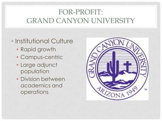FOR-PROFIT:
     GRAND CANYON UNIVERSITY

• Institutional Culture
 • Rapid growth
 • Campus-centric
 • Large adjunct
   population
 • Division between
   academics and
   operations
 