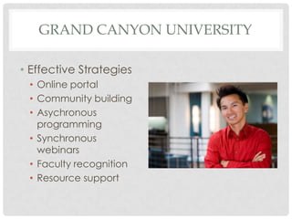 GRAND CANYON UNIVERSITY

• Effective Strategies
 • Online portal
 • Community building
 • Asychronous
   programming
 • Synchronous
   webinars
 • Faculty recognition
 • Resource support
 