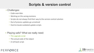 Scripts & version control
▪ Challenges:
− Code-overrides
− Working on the wrong revisions
− Scripts do not always find their way to the version control solution
− Out of process updates go unnoticed
− Hard to locate outdated update scripts
▪ Playing safe? What we really need:
− The upgrade script
− The actual code of the object
− A roll-back script
 