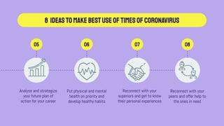 8 Ideastomakebestuseoftimesofcoronavirus
08
07
06
05
Analyse and strategize
your future plan of
action for your career
Put physical and mental
health on priority and
develop healthy habits
Reconnect with your
superiors and get to know
their personal experiences
Reconnect with your
peers and offer help to
the ones in need
 