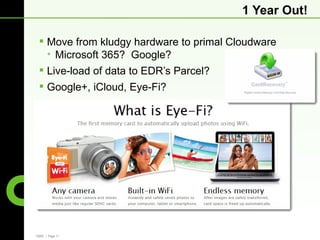 1 Year Out!

  Move from kludgy hardware to primal Cloudware
   • Microsoft 365? Google?
  Live-load of data to EDR’s Parcel?
  Google+, iCloud, Eye-Fi?




CBRE | Page 11
 