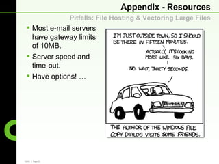 Appendix - Resources
                 Pitfalls: File Hosting & Vectoring Large Files
  Most e-mail servers
   have gateway limits
   of 10MB.
  Server speed and
   time-out.
  Have options! …




CBRE | Page 23
 