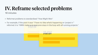 HMW
HMW
• Reformat problems to standardised “How Might We’s”
• For example, if the post-it says “I have no idea what’s happening on ‘project x’”
reformat it to “HMW make sure everyone stays in the loop with all running projects.”
IV. Reframe selected problems
10 minutes
 