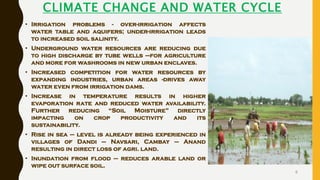 CLIMATE CHANGE AND WATER CYCLE
• Irrigation problems - over-irrigation affects
water table and aquifers; under-irrigation leads
to increased soil salinity.
• Underground water resources are reducing due
to high discharge by tube wells –for agriculture
and more for washrooms in new urban enclaves.
• Increased competition for water resources by
expanding industries, urban areas -drives away
water even from irrigation dams.
• Increase in temperature results in higher
evaporation rate and reduced water availability.
Further reducing “Soil Moisture” directly
impacting on crop productivity and its
sustainability.
• Rise in sea – level is already being experienced in
villages of Dandi – Navsari, Cambay – Anand
resulting in direct loss of agri. land.
• Inundation from flood – reduces arable land or
wipe out surface soil.
8
 
