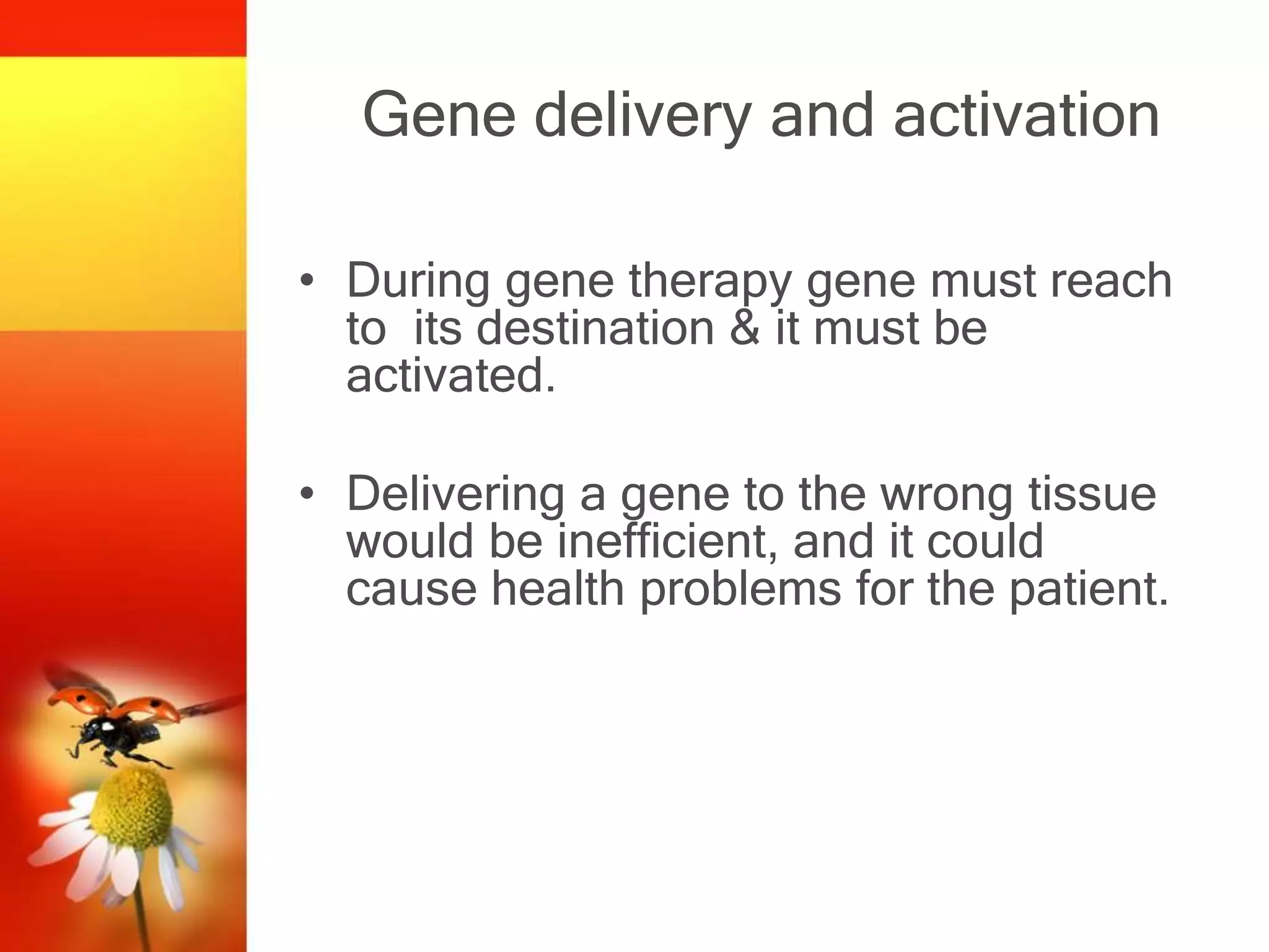 Gene delivery and activation
• During gene therapy gene must reach
to its destination & it must be
activated.
• Delivering a gene to the wrong tissue
would be inefficient, and it could
cause health problems for the patient.