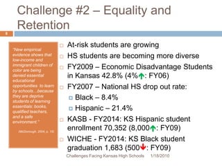 Challenge #2 – Equality and RetentionAt-risk students are growingHS students are becoming more diverseFY2009 – Economic Disadvantage Students in Kansas 42.8% (4%: FY06)FY2007 – National HS drop out rate:Black – 8.4%Hispanic – 21.4%KASB - FY2014: KS Hispanic student enrollment 70,352 (8,000: FY09)WICHE - FY2014: KS Black student graduation 1,683 (500: FY09)“New empirical evidence shows that low-income and immigrant children of color are being denied essential educational opportunities  to learn by schools…because they are deprive students of learning essentials: books, qualified teachers, and a safe environment.”(McDonough, 2004, p. 15)1/13/20108Challenges Facing Kansas High Schools
