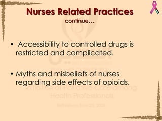 Nurses Related Practicescontinue… Accessibility to controlled drugs is restricted and complicated. Myths and misbeliefs of nurses regarding side effects of opioids.