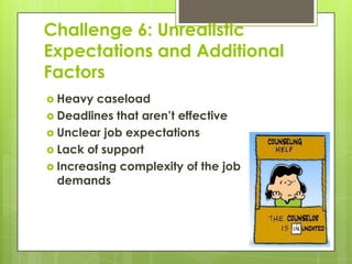 Challenge 6: Unrealistic
Expectations and Additional
Factors
 Heavy  caseload
 Deadlines that aren’t effective
 Unclear job expectations
 Lack of support
 Increasing complexity of the job
  demands
 