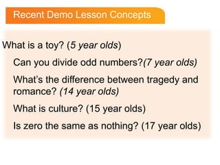 Recent Demo Lesson Concepts


What is a toy? (5 year olds)
  Can you divide odd numbers?(7 year olds)
  What’s the difference between tragedy and
  romance? (14 year olds)
  What is culture? (15 year olds)
  Is zero the same as nothing? (17 year olds)
 