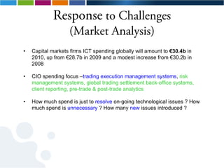 Response to Challenges
                   (Market Analysis)
•   Capital markets firms ICT spending globally will amount to €30.4b in
    2010, up from €28.7b in 2009 and a modest increase from €30.2b in
    2008

•   CIO spending focus –trading execution management systems, risk
    management systems, global trading settlement back-office systems,
    client reporting, pre-trade & post-trade analytics

•   How much spend is just to resolve on-going technological issues ? How
    much spend is unnecessary ? How many new issues introduced ?
 