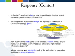Response (Contd.)

•   Is Capital Expenditure is lost or maybe spent in vain due to a lack of
    methodology or framework of resolution ?

•   Will this present expenditure change the topology of challenges ?
    Or will that topology grow ?
                                                                  Challenges
                                      Basle II                                                                          Resilience
                                      Insolvency II                                                                Latency Reduction
                                        Data Representation                                                     Throughput Optimisation
                                         Risk Data Management    Fraud             Data Messaging
                                                                                   & Financial Protocols
                                           OTCsAudit TrailsNegotiation             Dynamic Management          Complex Event Processing
                                              Data Security Integrity & Trust       Proliferation of Markets Benchmarking
                                          Proliferation of Data Data Syndication              Realtime Troubleshooting
                                                                                                 Security Audit Trail




•   How much will the costs ( and knock-on costs) balloon without proper
    framework, protocols and methodology for developing Financial
    Information Systems ?

•   without industry-wide standards much of the technology is proprietary
    and likely to remain expensive.
 
