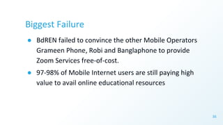 Biggest Failure
● BdREN failed to convince the other Mobile Operators
Grameen Phone, Robi and Banglaphone to provide
Zoom ...