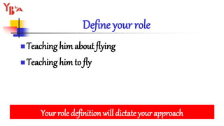 Define your role
 Teaching him about flying
 Teaching him to fly
Your role definition will dictate your approach
 
