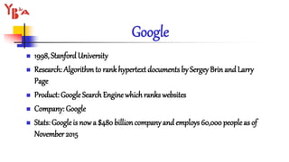 Google
 1998, StanfordUniversity
 Research: Algorithmto rank hypertext documents by Sergey Brin and Larry
Page
 Product: Google SearchEngine whichranks websites
 Company: Google
 Stats: Googleis now a $480 billion company and employs 60,000 peopleas of
November 2015
 