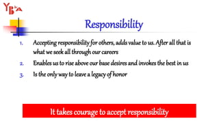 Responsibility
1. Accepting responsibility for others, adds value to us. After all that is
what we seek all through our careers
2. Enables us to rise above our base desires and invokes the best in us
3. Is the only way to leave a legacy of honor
It takes courage to accept responsibility
 