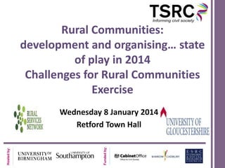 Rural Communities:
development and organising… state
of play in 2014
Challenges for Rural Communities
Exercise

Funded by:

Hosted by:

Wednesday 8 January 2014
Retford Town Hall

 