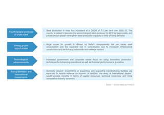Fourth-largest producer
of crude steel
• Steel production in India has increased at a CAGR of 7.7 per cent over 2005–12. The
country is slated to become the second-largest steel producer by 2015 as large public and
private sector players strengthen steel production capacity in view of rising demand
Strong growth
opportunities
• Huge scope for growth is offered by India‟s comparatively low per capita steel
consumption and the expected rise in consumption due to increased infrastructure
construction and the thriving automobile and railways sectors
Technological
advancements
• Increased government and corporate sector focus on using innovative production
techniques for enhancing operational as well as financial performance is a positive
Rising domestic and
international
investments
• Domestic players‟ investments in expanding and upgrading manufacturing facilities are
expected to reduce reliance on imports. In addition, the entry of international players*
would provide benefits in terms of capital resources, technical know-how and more
competitive industry dynamics
Notes: * - Arcelor Mittal and POSCO
 