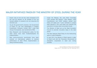 • Export duty on iron ore has been increased to 30
per cent ad valorem on all varieties of iron ore
(except pellets), to preserve iron ore resources for
domestic use
As per the government‟s decision, the Government
of India‟s 51 per cent shareholding in Eastern
Investments Company Limited (EIL), under Bird
Group of Companies, was transferred to RINL
•
• New Research and
steel sector have
implementation
Development policy for the
been finalised/adopted for
• New techno-economic benchmarks have been
evolved on international patterns to improve
performance of steel PSUs; implementation is
being monitored closely
• Under the Ministry, the Joint Plant Committee
(JPC) studied 300 districts, 1,500 villages, 4,500
manufactures and 8,000 retailers spread over
India‟s 28 states and 7 union territories to assess
steel demand in the rural areas and examine the
potential to increase steel consumption levels
The Ministry of Steel set up the Steel Innovation
Council to promote innovative ideas in the steel
sector
The New National Steel Policy for the forthcoming
years is under finalisation
In April 2013, the Ministry of Steel signed a Letter
of Intent (LoI) with the Tanzanian Government to
strengthen cooperation in steel and mining
activities
•
•
•
Source: Ministry of Steel, Aranca Research
Notes: W.E.F - With Effect From 30th December, 2011
 