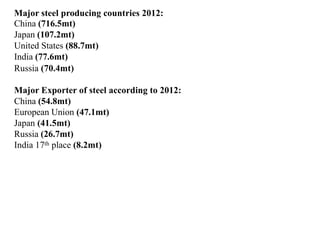 Major steel producing countries 2012:
China (716.5mt)
Japan (107.2mt)
United States (88.7mt)
India (77.6mt)
Russia (70.4mt)
Major Exporter of steel according to 2012:
China (54.8mt)
European Union (47.1mt)
Japan (41.5mt)
Russia (26.7mt)
India 17th place (8.2mt)
 
