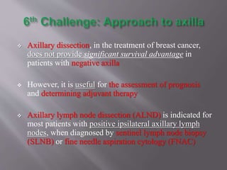  Axillary dissection, in the treatment of breast cancer,
does not provide significant survival advantage in
patients with negative axilla
 However, it is useful for the assessment of prognosis
and determining adjuvant therapy
 Axillary lymph node dissection (ALND) is indicated for
most patients with positive ipsilateral axillary lymph
nodes, when diagnosed by sentinel lymph node biopsy
(SLNB) or fine needle aspiration cytology (FNAC)
 