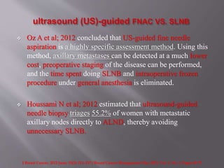  Oz A et al; 2012 concluded that US-guided fine needle
aspiration is a highly specific assessment method. Using this
method, axillary metastases can be detected at a much lower
cost, preoperative staging of the disease can be performed,
and the time spent doing SLNB and intraoperative frozen
procedure under general anesthesia is eliminated.
 Houssami N et al; 2012 estimated that ultrasound-guided
needle biopsy triages 55.2% of women with metastatic
axillary nodes directly to ALND, thereby avoiding
unnecessary SLNB.
J Breast Cancer. 2012 June; 15(2): 211–217 / Breast Cancer Management May 2012, Vol. 1, No. 1, Pages 65-72
 