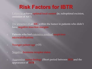 1. Failure to achieve optimal local control (ie, suboptimal excision,
omission of XRT)
2. The presence of an EIC within the tumor in patients who didn’t
have negative resection margins
3. Patients who had extensive residual suspicious
microcalcifications
4. Younger patient age (<35)
5. Negative hormone receptor status
6. Aggressive tumor biology (Short period between BCS and the
appearance of IBTR)
 