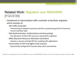 Related Work: Migration over MAN/WAN
[FGCS’06]
• Introduced an intermediate traffic controller to facilitate migration
which consists of:
▫ VM Traffic Controller
 Provisioning of network resources and the re-provisioning of the IP tunnel to
ensure seamless layer

▫ AAA (Authentication, Authorization and Accounting)
 Pre-allocation of extra VM-resources required for migration

▫ DRAC (Dynamic Resource Allocation Controller)
 Exposes a service-oriented API for coupling with applications

▫ Preservation of TCP and higher-level sessions
 Dynamically configured IP tunnels allow client connectivity

“Seamless Live Migration of Virtual Machines over the MAN/WAN”, Elsevier Future Generation Computer Systems 2006

 