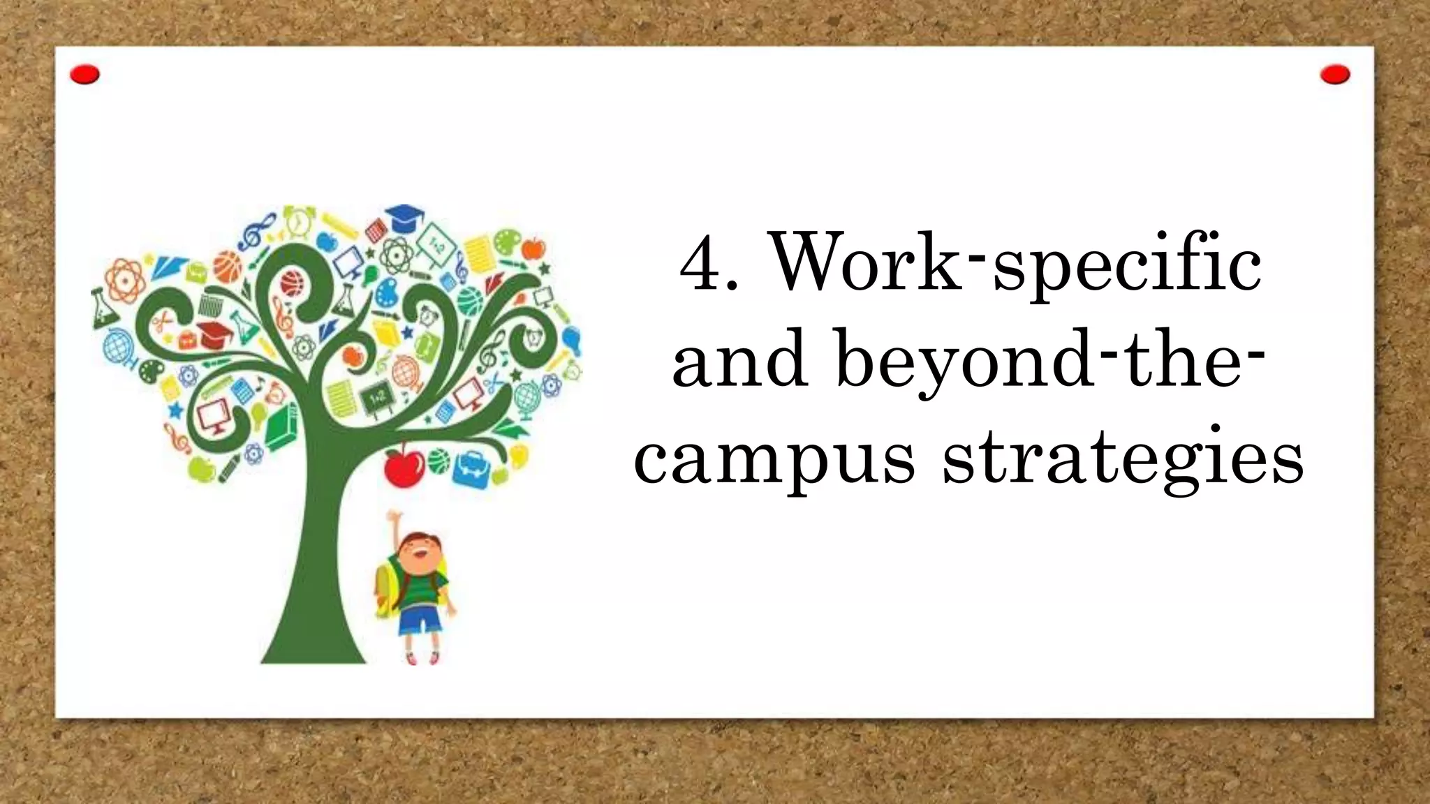 4. Work-specific
and beyond-the-
campus strategies
 