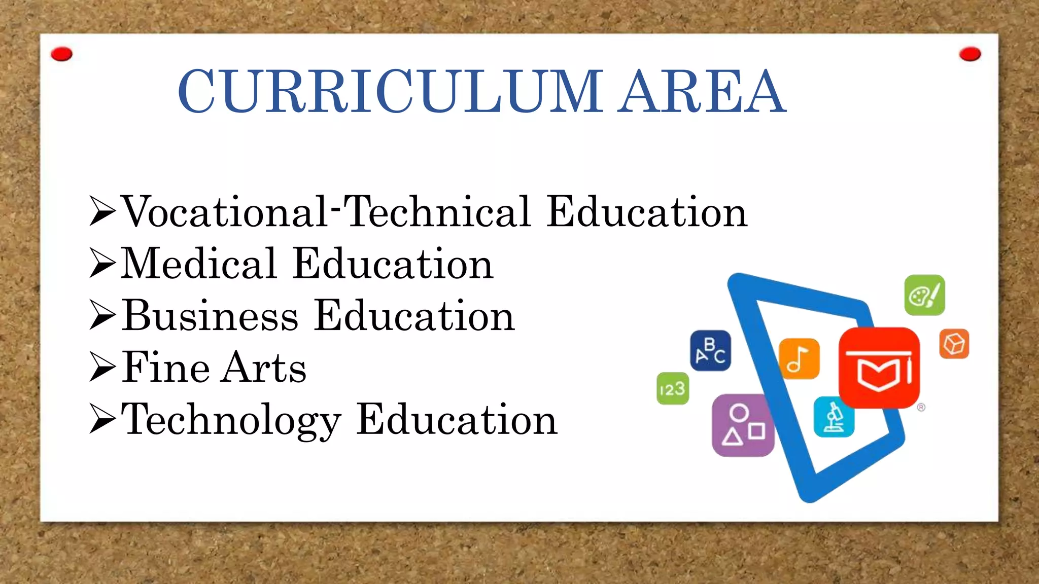 CURRICULUM AREA
Vocational-Technical Education
Medical Education
Business Education
Fine Arts
Technology Education
 