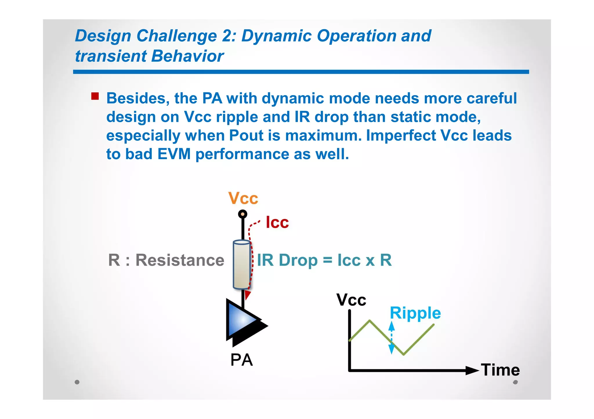 Design Challenge 2: Dynamic Operation and
transient Behavior
n Besides, the PA with dynamic mode needs more careful
design on Vcc ripple and IR drop than static mode,
especially when Pout is maximum. Imperfect Vcc leads
to bad EVM performance as well.
 