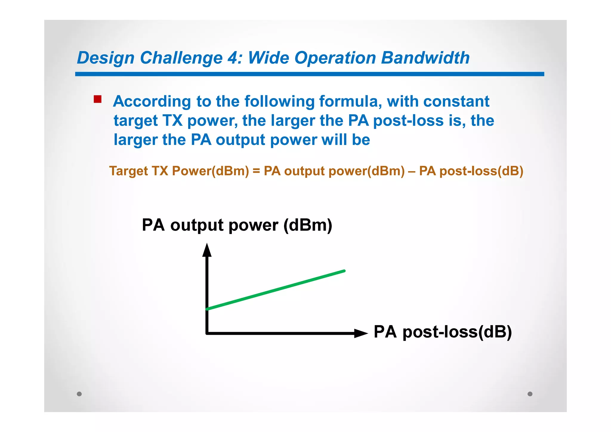 Design Challenge 4: Wide Operation Bandwidth
n According to the following formula, with constant
target TX power, the larger the PA post-loss is, the
larger the PA output power will be
Target TX Power(dBm) = PA output power(dBm) – PA post-loss(dB)
 