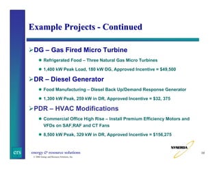 Example Projects - Continued
DG – Gas Fired Micro Turbine
Refrigerated Food – Three Natural Gas Micro Turbines
1,400 kW Peak Load, 180 kW DG, Approved Incentive = $49,500

DR – Diesel Generator
Food Manufacturing – Diesel Back Up/Demand Response Generator
1,300 kW Peak, 259 kW in DR, Approved Incentive = $32, 375

PDR – HVAC Modifications
Commercial Office High Rise – Install Premium Efficiency Motors and
VFDs on SAF,RAF and CT Fans
8,500 kW Peak, 329 kW in DR, Approved Incentive = $156,275

ers

energy & resource solutions
© 2006 Energy and Resource Solutions, Inc.

10

 